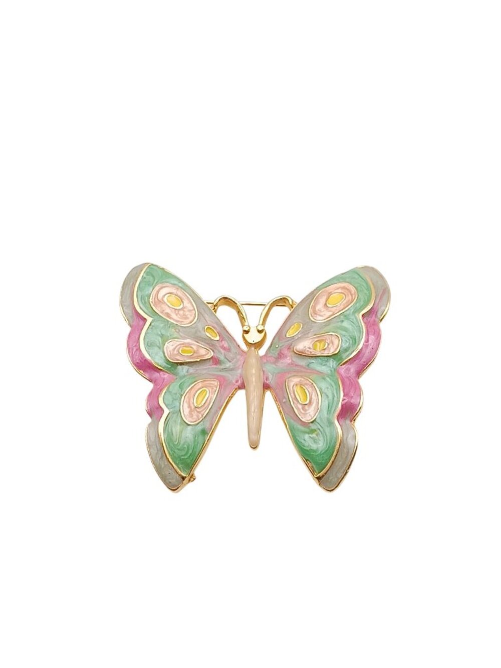 Vintage Gold Tone Enamel Butterfly Brooch Pin With Pink Green And Cream Accents
